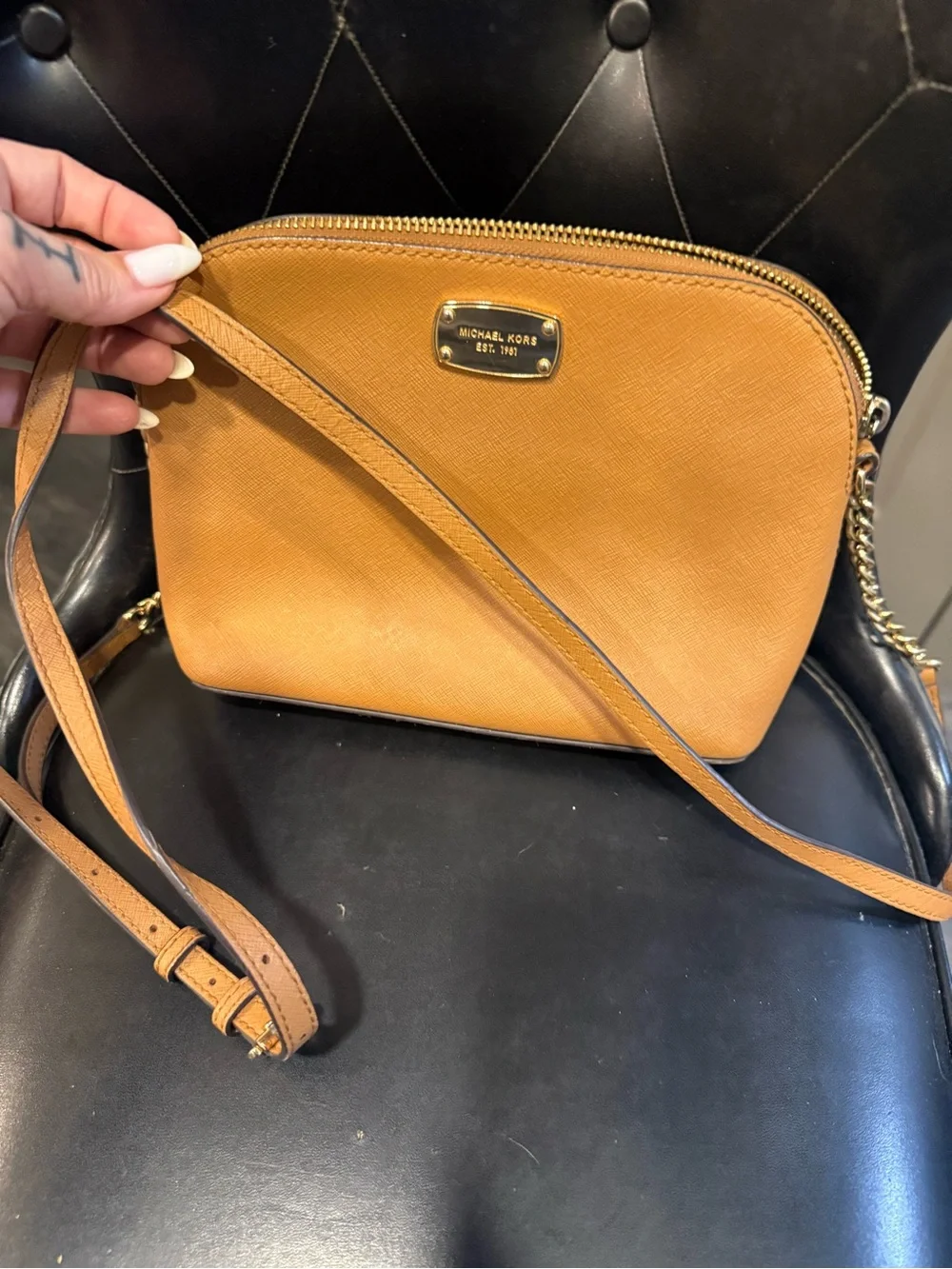 Michael Kors Camel/Tan Saffiano Leather Crossbody Bag with Gold Plaque